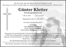 Traueranzeige Günter Kletter