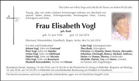 Traueranzeige Elisabeth Vogl