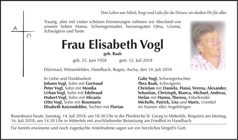 Traueranzeige Elisabeth Vogl