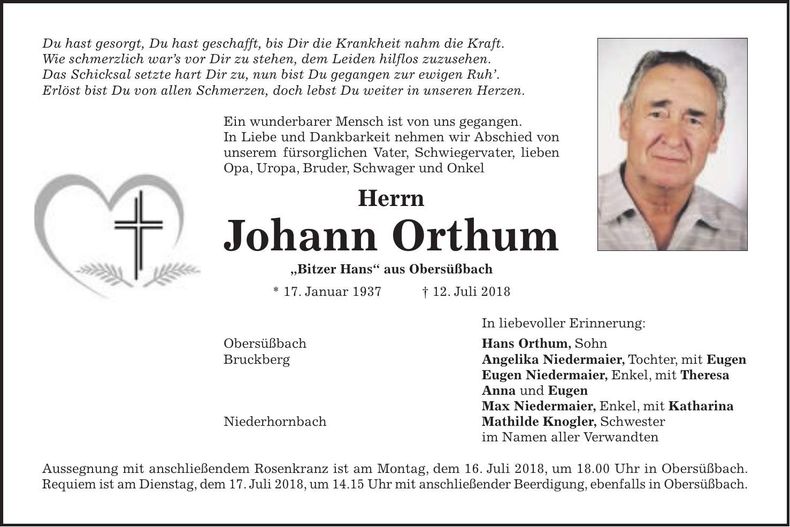 Traueranzeige Johann Orthum