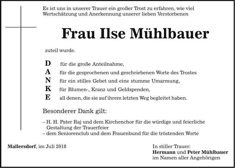 Traueranzeige Ilse Mühlbauer