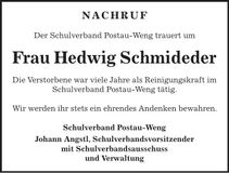 Traueranzeige Hedwig Schmideder