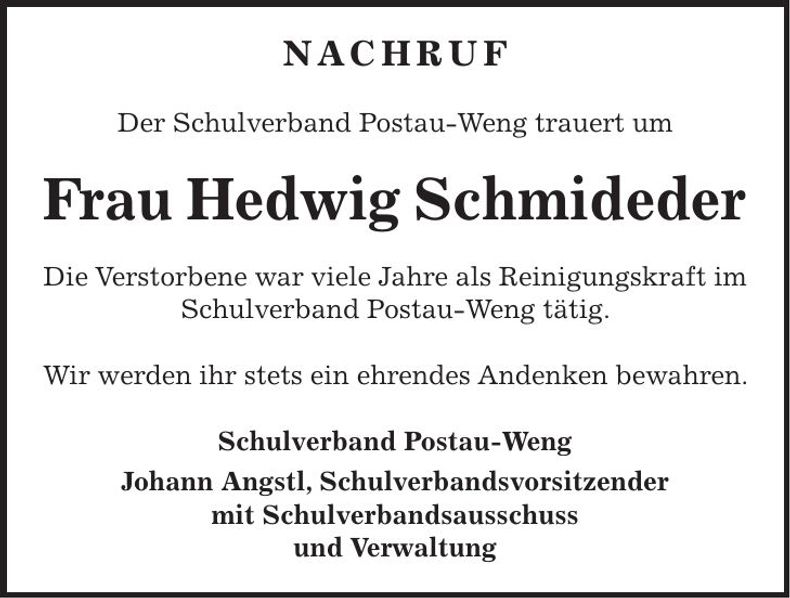 Traueranzeige Hedwig Schmideder