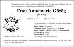 Traueranzeige Annemarie Görög