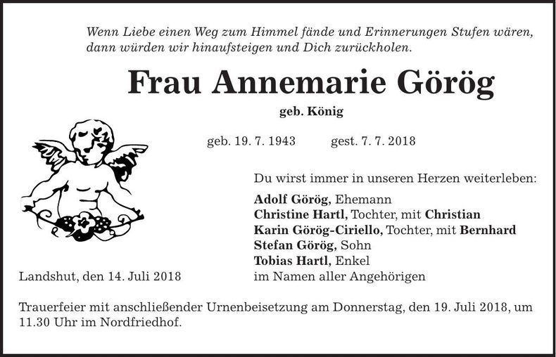 Traueranzeige Annemarie Görög