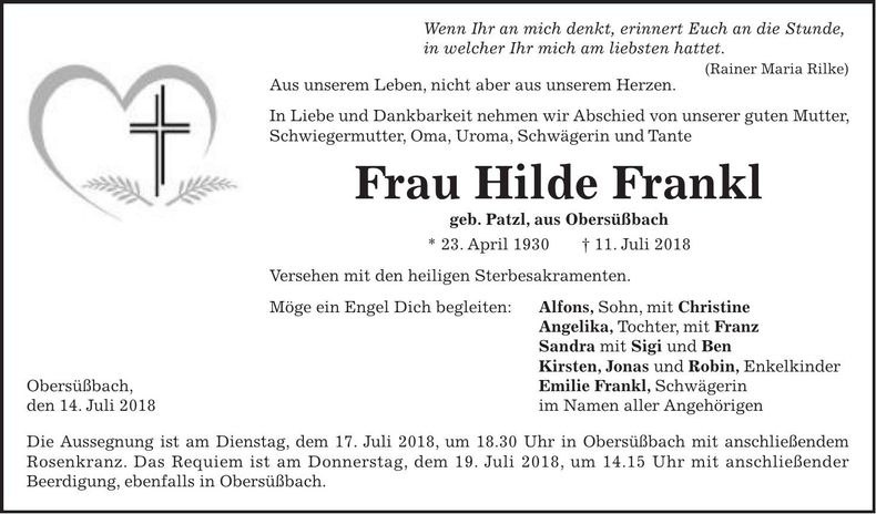 Traueranzeige Hilde Frankl