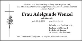 Traueranzeige Adelgunde Wenzel
