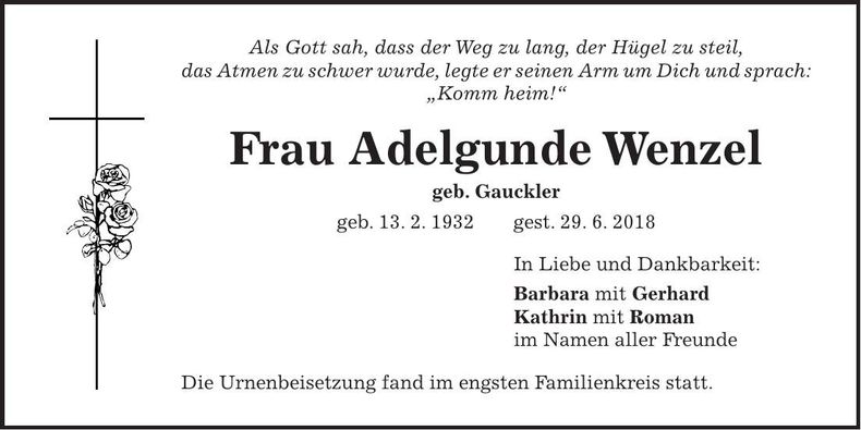 Traueranzeige Adelgunde Wenzel