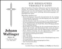 Traueranzeige Johann Wallinger