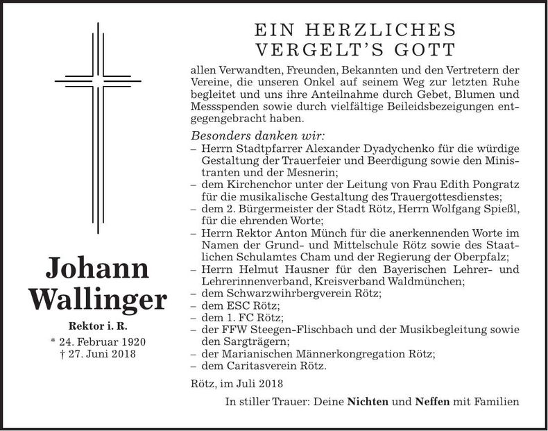 Traueranzeige Johann Wallinger