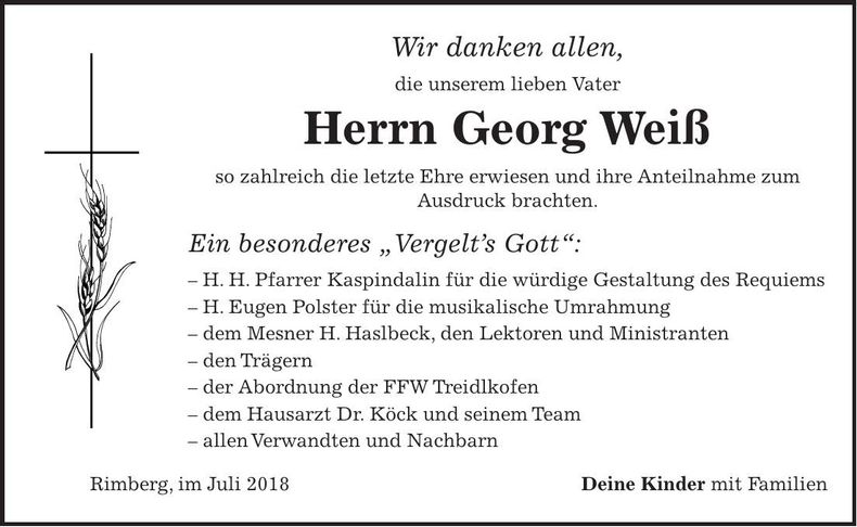 Traueranzeige Georg Weiß