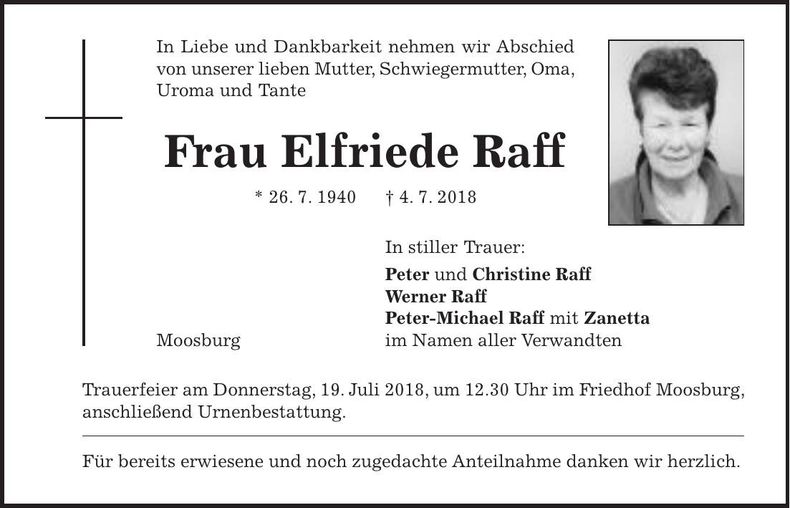 Traueranzeige Elfriede Raff