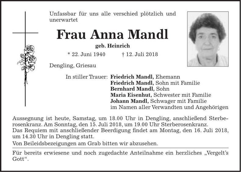 Traueranzeige Anna Mandl