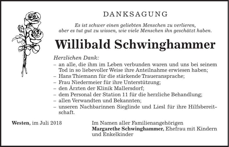 Traueranzeige Willibald Schwinghammer