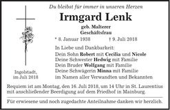 Traueranzeige Irmgard Lenk