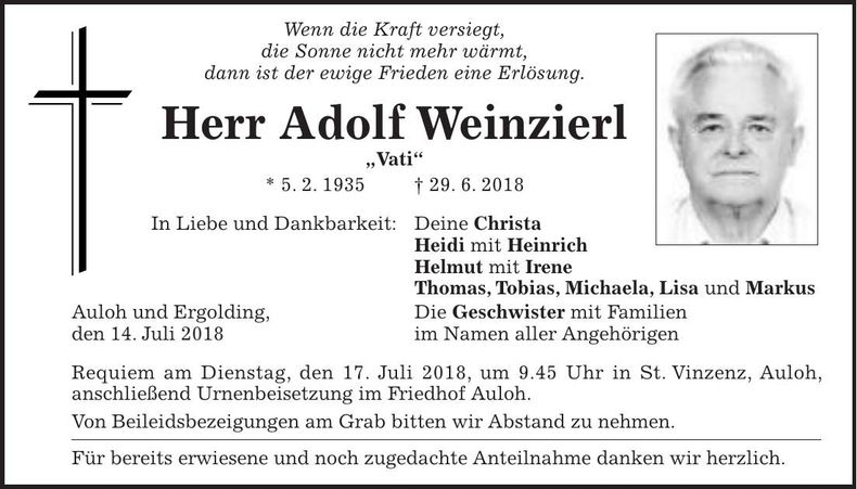 Traueranzeige Adolf Weinzierl