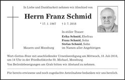 Traueranzeige Franz Schmid