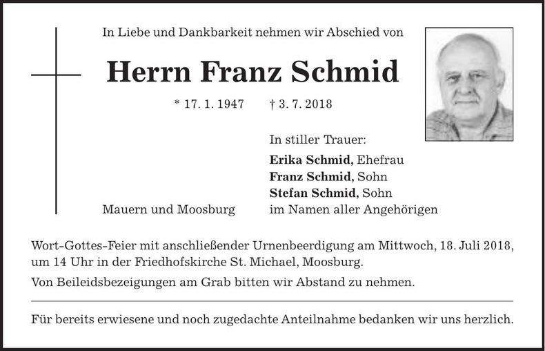 Traueranzeige Franz Schmid