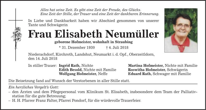 Traueranzeige Elisabeth Neumüller