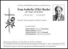 Traueranzeige Isabella Rieder