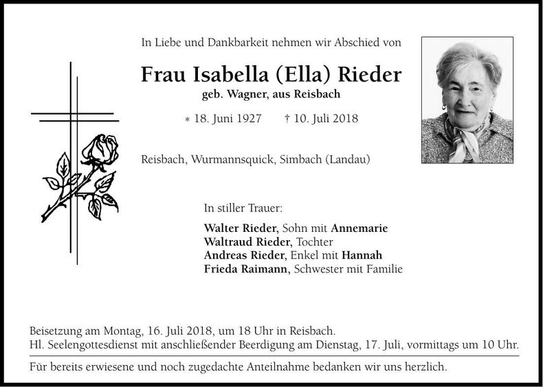 Traueranzeige Isabella Rieder