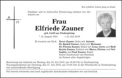 Traueranzeige Elfriede Zauner