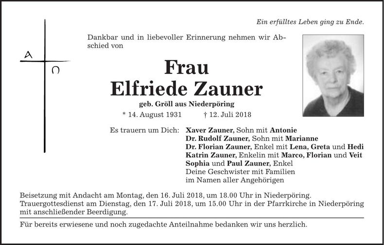 Traueranzeige Elfriede Zauner