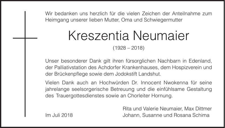 Traueranzeige Kreszentia Neumaier
