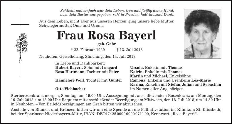 Traueranzeige Rosa Bayerl