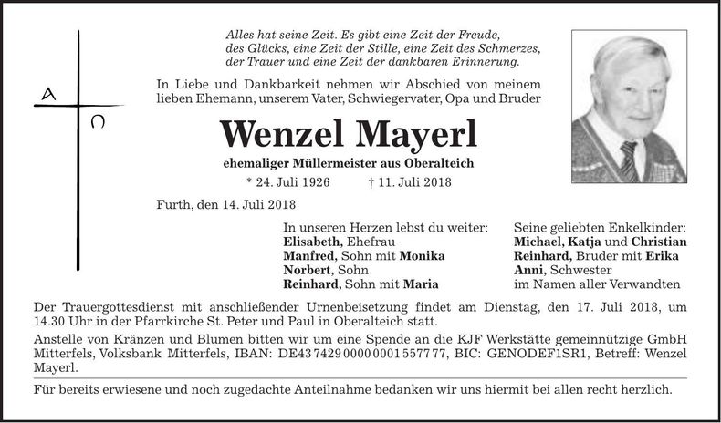 Traueranzeige Wenzel Mayerl