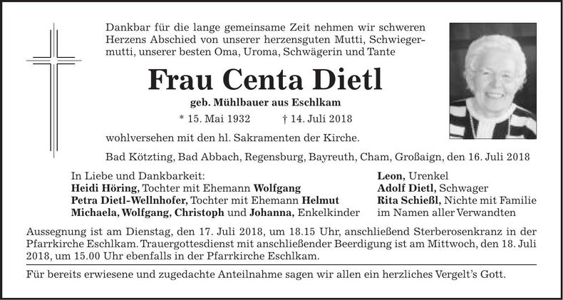 Traueranzeige Centa Dietl