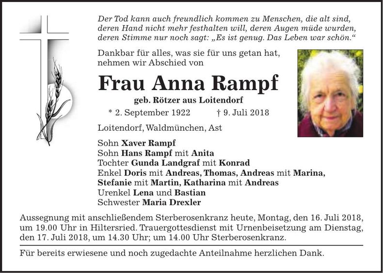 Traueranzeige Anna Rampf
