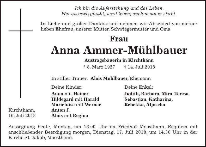 Traueranzeige Anna Ammer-Mühlbauer