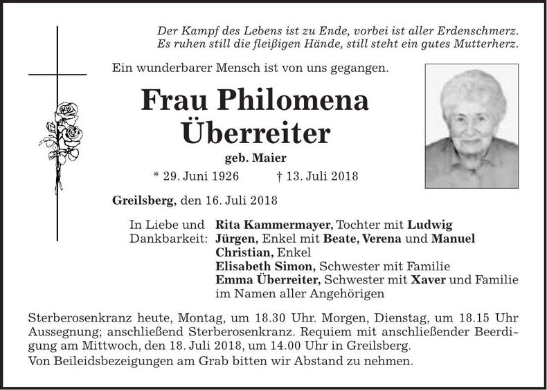 Traueranzeige Philomena Überreiter