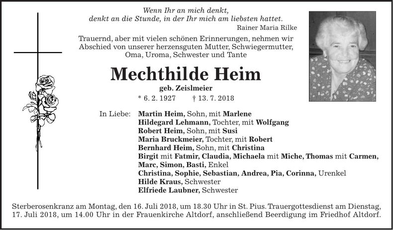 Traueranzeige Mechthilde Heim