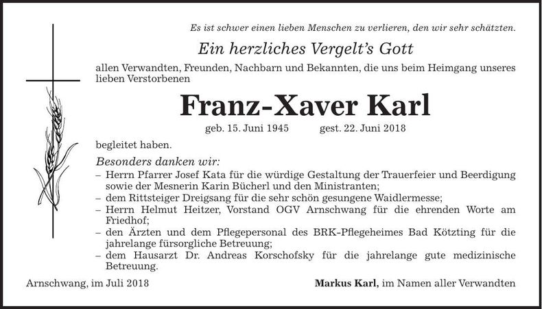 Traueranzeige Franz-Xaver Karl