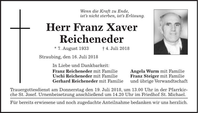 Traueranzeige Franz Xaver Reicheneder