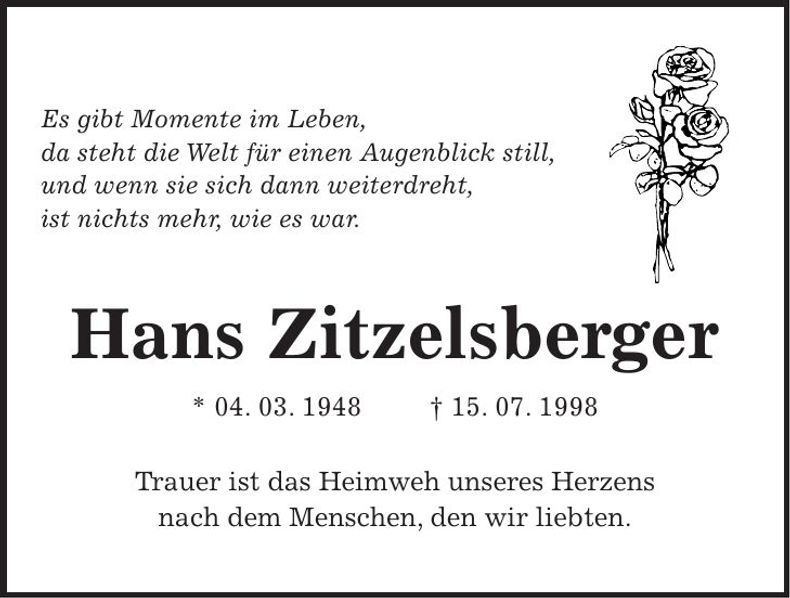 Traueranzeige Hans Zitzelsberger