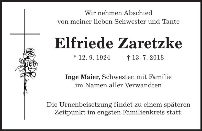 Traueranzeige Elfriede Zaretzke