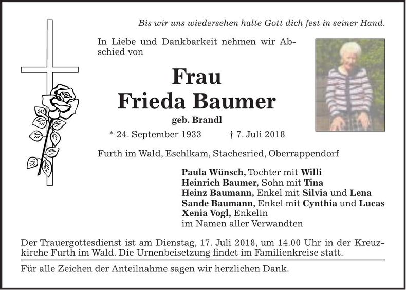 Traueranzeige Frieda Baumer