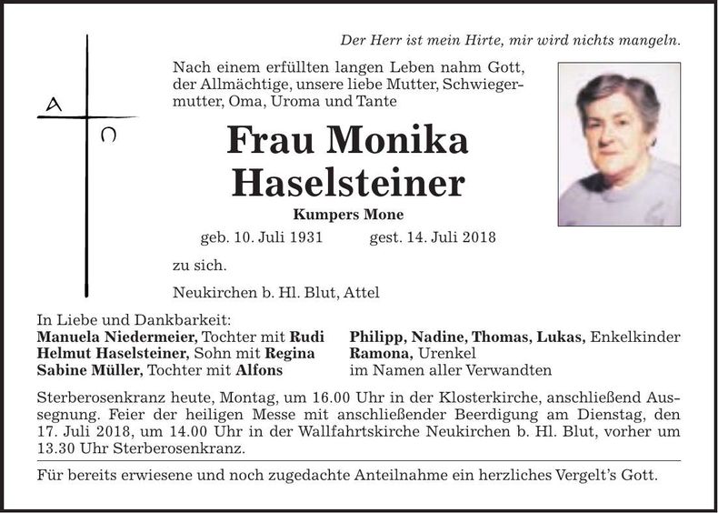 Traueranzeige Monika Haselsteiner
