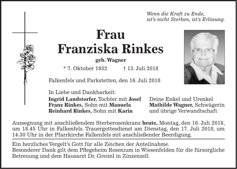 Traueranzeige Franziska Rinkes