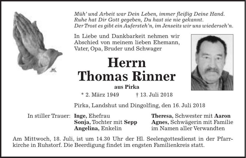 Traueranzeige Thomas Rinner