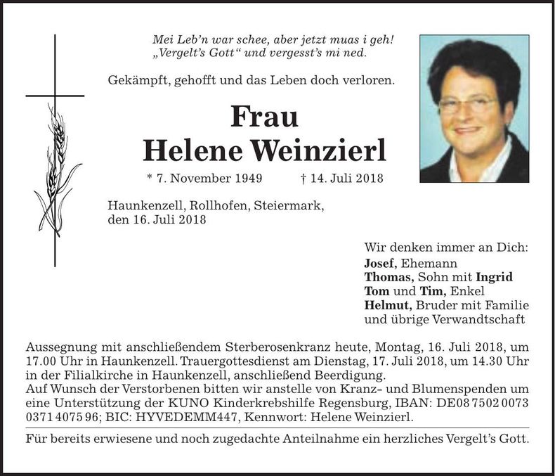 Traueranzeige Helene Weinzierl