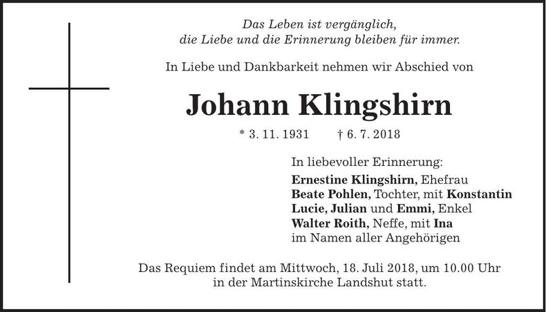 Traueranzeige Johann Klingshirn