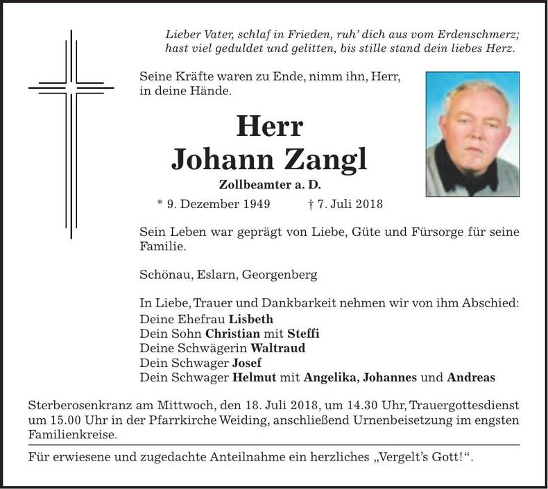 Traueranzeige Johann Zangl