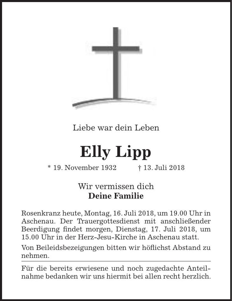 Traueranzeige Elly Lipp