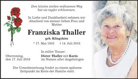 Traueranzeige Franziska Thaller