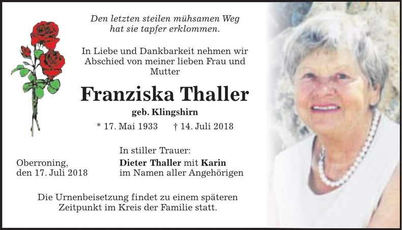 Traueranzeige Franziska Thaller