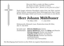 Traueranzeige Johann Mühlbauer